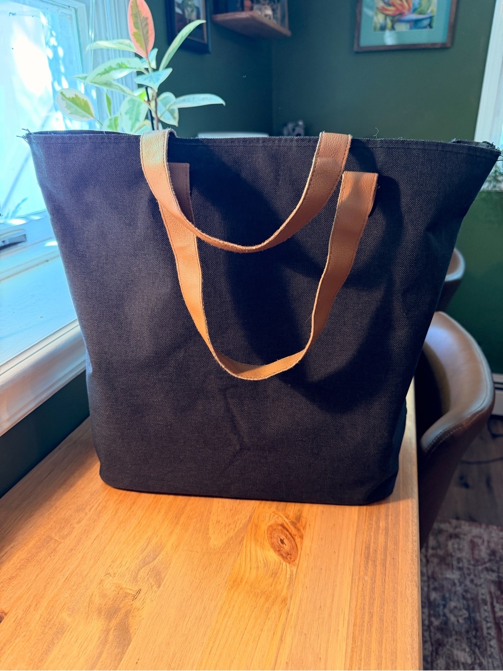 Mercedes Benz Heather Black Canvas Tote with Tan Leather Trim and Logo - Picture 3 of 3